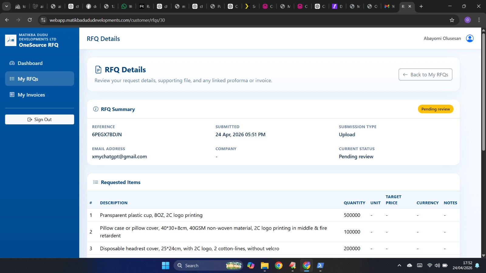 OneSource RFQ Dashboard Overview