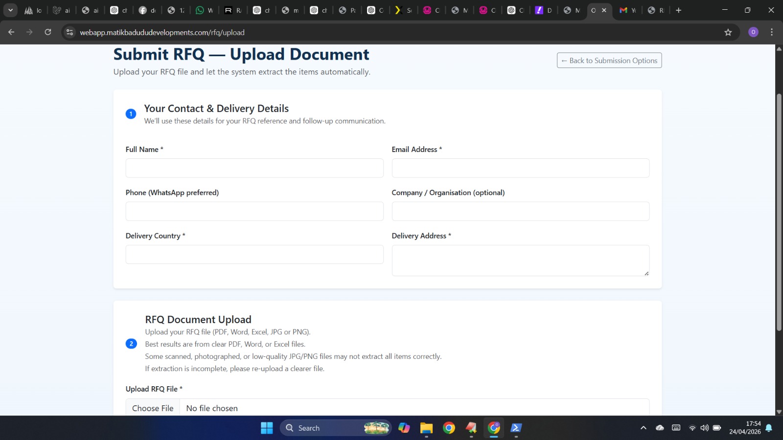 OneSource RFQ Creation Interface